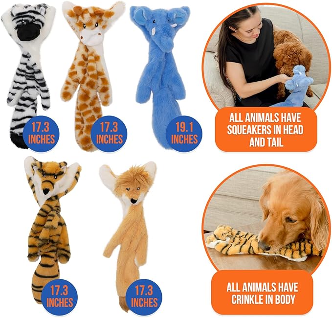 Squeaky No Stuffing Dog Toy Set – New & Improved Edition Plush Crinkle Dog Toys for Small, Medium & Large Breeds – Soft Tough Stuffless Puppy Chew Squeak Animal Supports Pet Health & Well Being 5 Pack