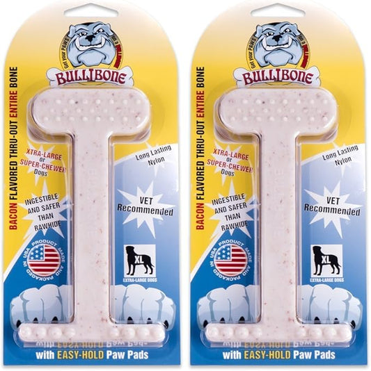 Bullibone Nylon Dog Chew Toy Nylon Bone - Improves Dental Hygiene, Easy to Grip Bottom, and Permeated with Flavor (Bacon, XL - 2 Pack)