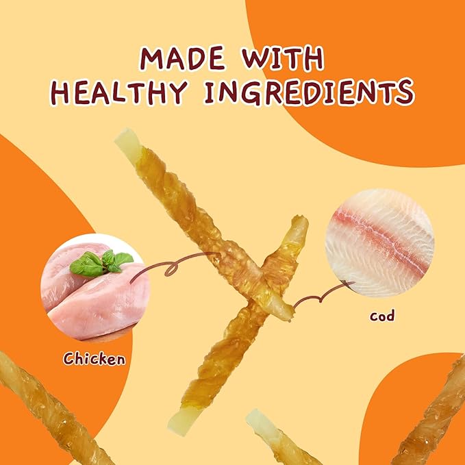 Jungle Calling Rawhide Free Healthy Treats for Dogs, Chicken Wrapped Cod Sticks Soft Chewy Treats for Training Rewards, 11 oz (Chicken)