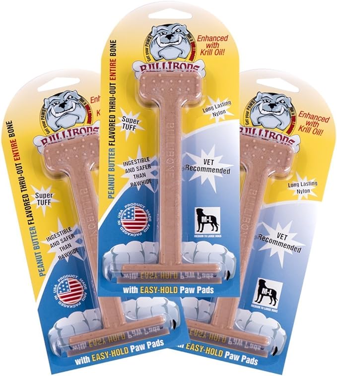 Bullibone Nylon Dog Chew Toy Nylon Bone - Improves Dental Hygiene, Easy to Grip Bottom, and Permeated with Flavor (Peanut Butter, Large - 3 Pack)