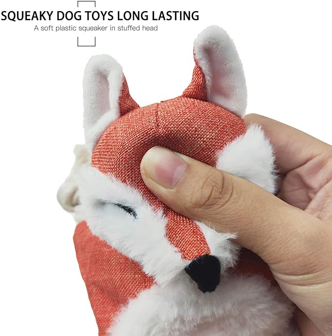 Fox Dog Toy with Squeaker, Stuffless Dog Toy Crinkle Hunting Dog Toy Plush Durable Dog Squeaky Toys Cotton Rope Dog Toy Throughout the Body Cute Dog Chew Toys for Puppies with Eyes Embroidery Design