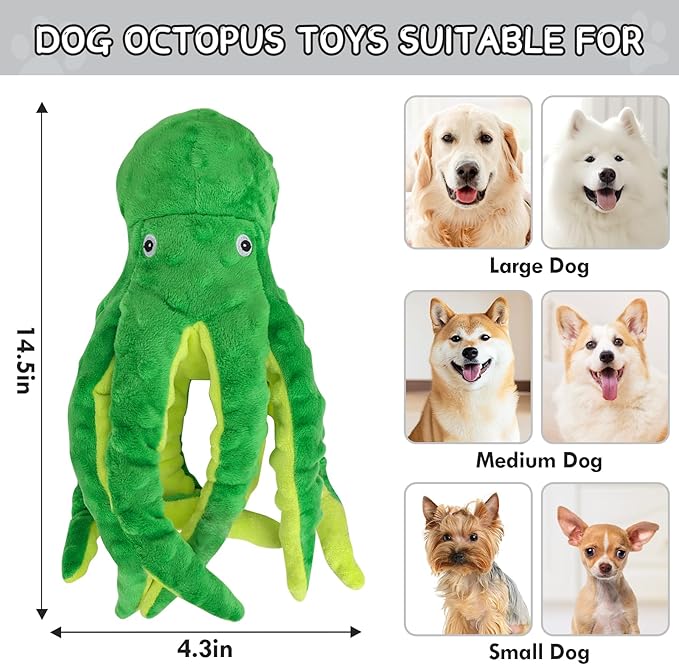 2 Pack Octopus Squesky Dog Toys for Large Medium Small Dogs, Stuffed and Tough Plush Dog Toys for Aggressive Chewers (Green+Yellow)