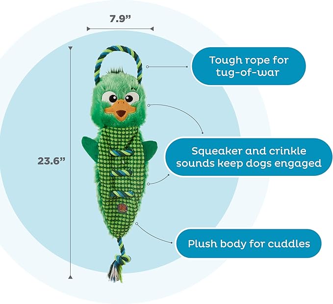 Outward Hound Ropiez Rope Interactive Dog Tug Toy for Tugging Squeaky Fun, 23.6 Inch Mallard, Green, Large