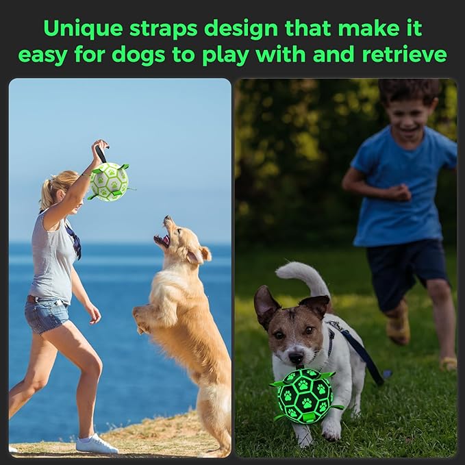 QDAN Premium Glow in The Dark Dog Toys, Dog Ball with Straps, Soccer Ball for Dogs, Outdoor Dog Toys, Pet Birthday Toys, Puppy Essentials for Small to Medium (6Inch)
