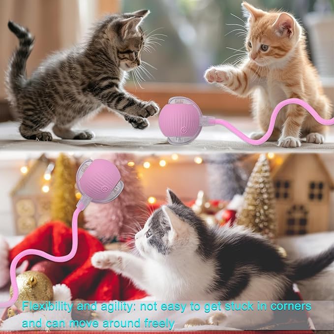 Interactive Cat Dog Toy Ball: Indoor Small Automatic Moving Smart Rolling Fun Pet Game with Led Light and String Tail for Motion Activated, Cute Kitten Puppy Present, Exercise Wheel Supplies (Pink)