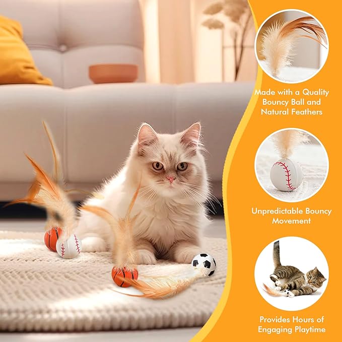 6 Pack Interactive Cat Ball Toys,Bouncy Ball with Natural Feathers for Indoor Cats and Kittens,Elastic Cat Toy Balls for Cats Playing Exercise