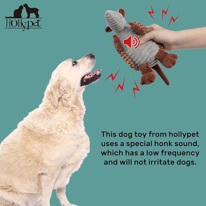 Hollypet Plush Dog Squeaky Toy Stuffed Armadillo Animal Pet Puppy Chew Toys with Clean Teeth for Small Medium Large All Breed Sizes Dogs, Brown and Bronze,8 in
