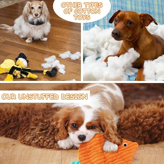 AWOOF No Stuffing Crinkle Squeaky Plush Dog Toys - Cute Animal Themed for Small to Large Dogs & Puppies - Bulk 5 Pack