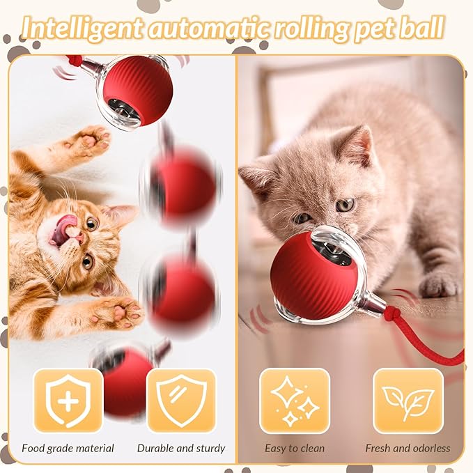 Interactive Cat Toys Ball,2025 New Upgrade Smart Automatic Moving Cat Toys, ElectricI Interactive Rolling Ball for Dog&Cat Indoor Activity.(red)