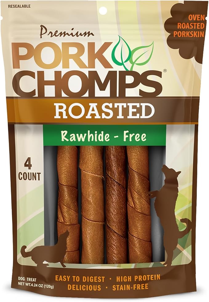 Pork Chomps Roasted Pork Skin Dog Chews, 6-inch Twists, 4 Count