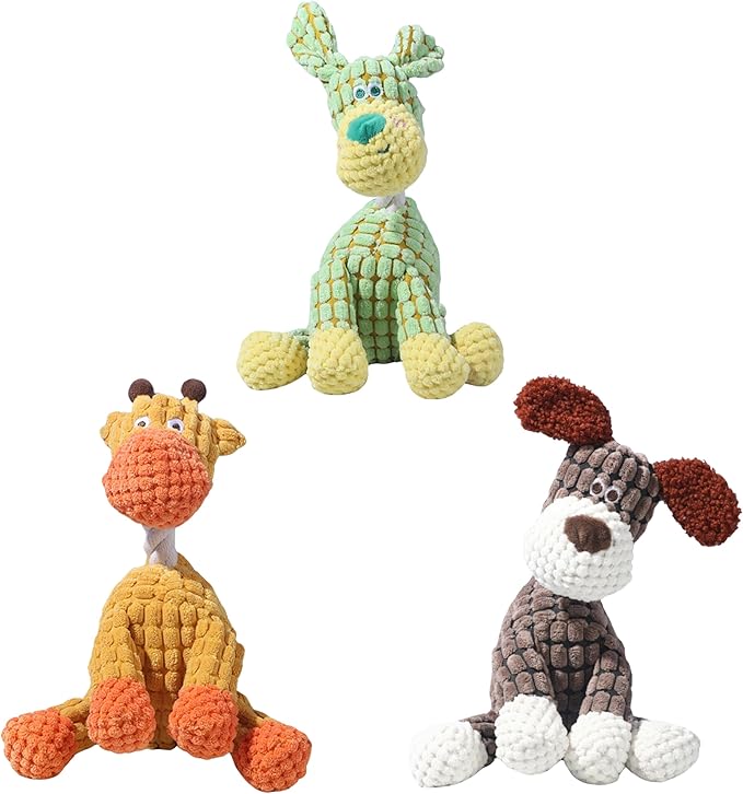 3 PCS Indestructible Dog Toys,Interactive Crinkle Squeaky Toy for Small Medium Large Breed,Pet Plush Toys for Puppy Teething,Mellow Calming Chew Toys for Teething (Green+Orange+Brown)