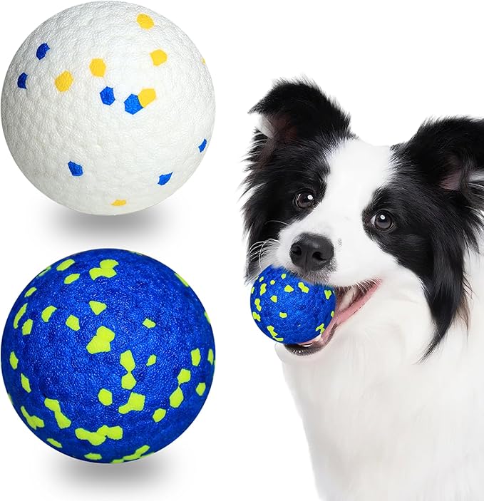 2 Pack Bouncy Dog Balls, 3'' Indestructible Dog Toys for Aggressive Chewers, Outdoor Jolly Tennis Balls for Dogs, Durable Interactive Floating Dog Fetch Toy, Blue White