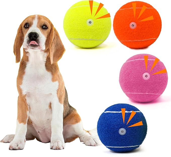Tennis Ball Dog Toys 4 Pack - 4-Inch Durable and Safe Dog Ball, Sound Output from The Large Tennis Balls for Dogs with Mesh Bag, Perfect for Indoor and Outdoor Play