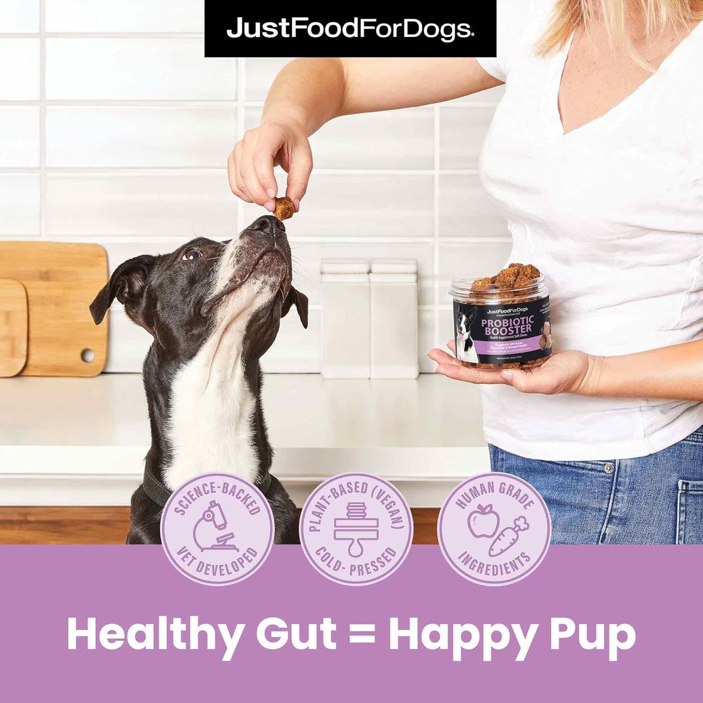JustFoodForDogs Probiotic Booster Gut Health Soft Chews Supplement for Dogs, Digestive Health Support, Diarrhea, Human Grade Ingredients - 45 Count