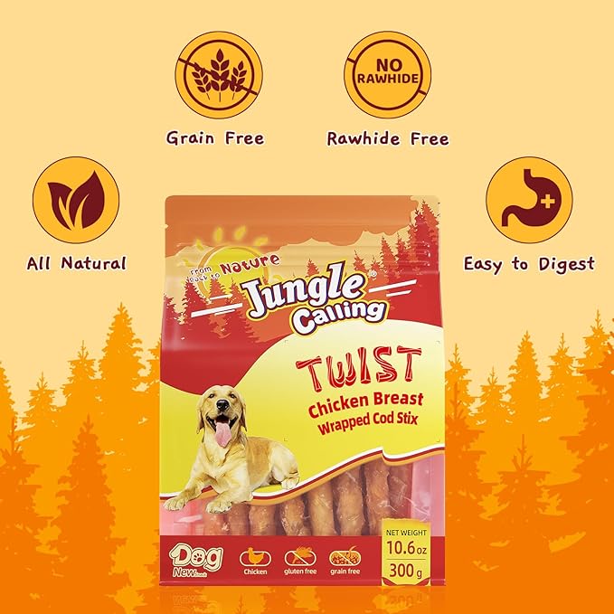 Jungle Calling Rawhide Free Healthy Treats for Dogs, Chicken Wrapped Cod Sticks Soft Chewy Treats for Training Rewards, 11 oz (Chicken)