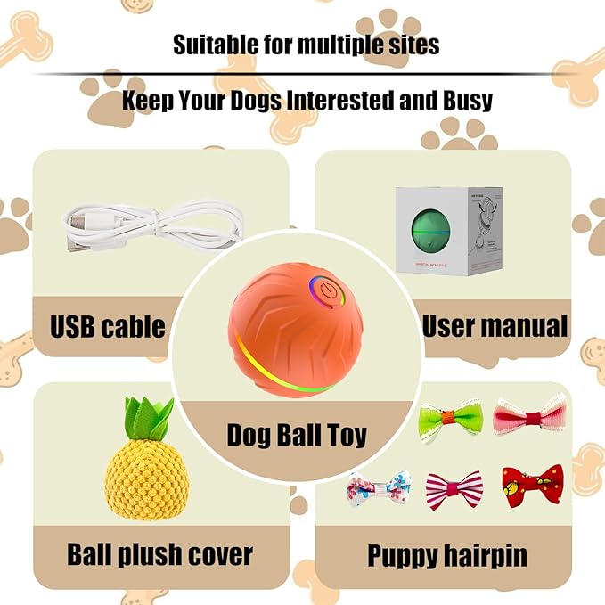 Interactive Dog Toys Dogs Ball,Moving Dog Toy with Touch Activated,Anti Boredom Dog Toys for Small Medium Dogs,Tough Motion Activated Automatic Vibrating Dog Ball,USB Rechargeable(Orange)