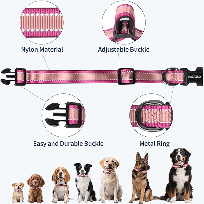 Reflective Dog Collar with Soft Padding Dog Collar for Medium & Small Dogs, No Pull, Heavy Duty, Adjustable Nylon Collar with Quick-Release Buckle, Walking Training Pink-XS