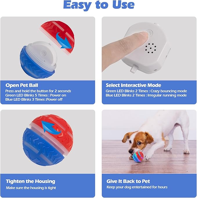 Pet Prime Interactive Dog Toy Ball, Durable 2 Modes Motion Active Rolling Ball for Dogs, USB Rechargeable Automatic Self Moving Dog Ball with LED Lights for Puppy, Small, Medium, Large Breed Dogs/Cats