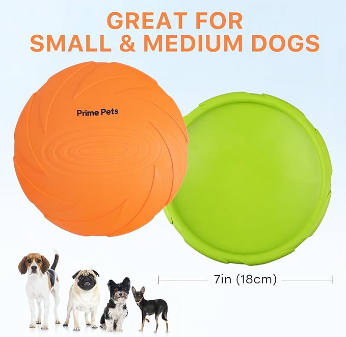 Prime Pets Dog Flying Disc, 2 Pack, 7 Inch, Durable Dog Toys, Nature Rubber Floating Flying Saucer for Water Pool Beach, Orange and Green