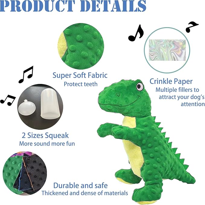 No Stuffing Dog Toys for Aggressive Chewers, Squeaky Wrinkled Toys, Durable Dog Chew Toys, Soft and Tough Plush Toys, Suitable for All Breeds of Dogs. (Dinosaur (Green))