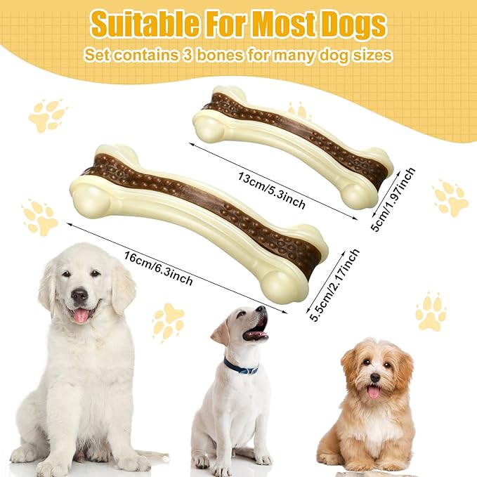 Sosation 3 Pack Chew Toys for Aggressive Chewers, Bone Toys Nylon Beef Flavor Dog Teething Toys for Large/Medium/Small Puppies Breeds(Large, Medium, Curved Bone)
