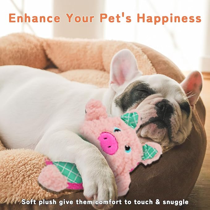 Crinkle Dog Toys Squeaky Plush No Stuffing Cute Puppy Stuffless Tough Rop Pull Toy, Fun Dog Stuffed Animals Durable Chew Set for Small Medium Large Pup (Large, Pink Pig)