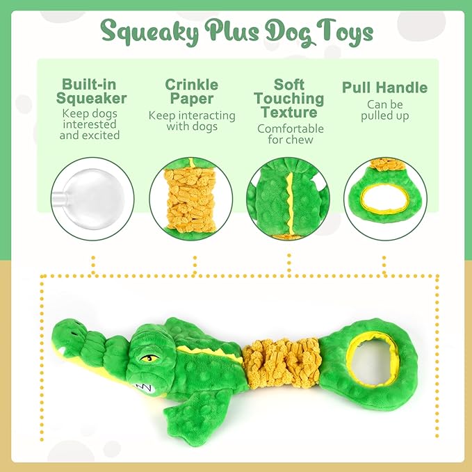 Large Alligator Dog Toys, Plush Squeaky Dog Toy with Crinkle Paper and Tug of War Handle, Interactive Puppy Toys for Small, Medium and Large Dogs