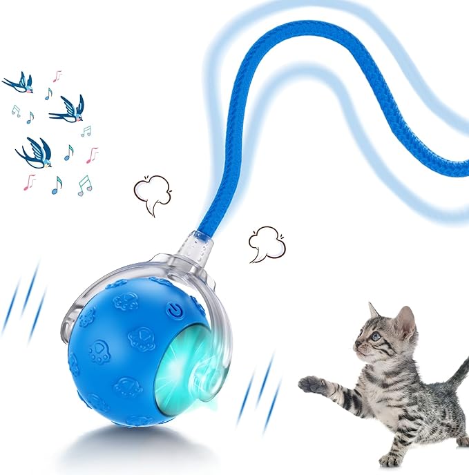 Interactive Cat Toys for Indoor Cats, 2025 New Upgraded Moving Cat Ball with Chirping Sound, Rechargeable Fast Rolling Ball, Fun Automatic Kitten Toys for Bored Adult Kitten Exercise, Blue