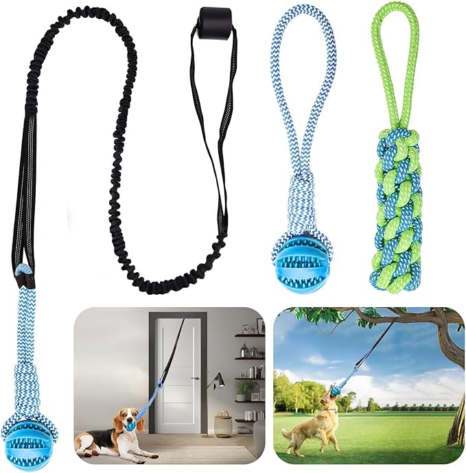 Dog Bungee Toy,Interactive Dog Tug of War Toys Set with Tether, Rope and Ball, Tree Hanging Toy with 2 Chew Ropes,Indoor Spring Pole Ropes,for Small/Medium Dogs