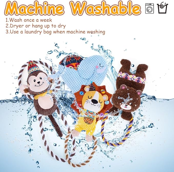 AWOOF Squeaky Dog Toys to Keep Them Busy Stuffed Dog Plush Toys for Puppy Small Medium Large Dogs Chew Toys with Rope Indoor Outdoor Puppy Toys Relieve Anxiety Birthday Gifts - 4Pack