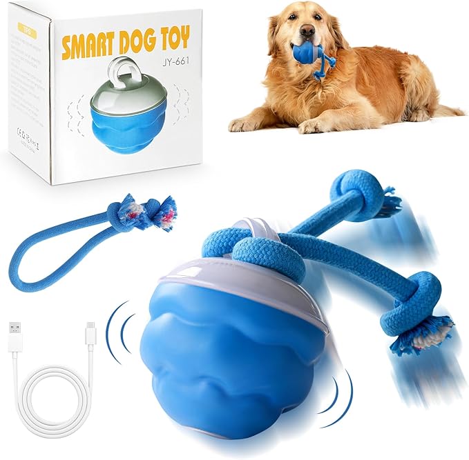 Aerbee Interactive Dog Toys Ball - Fun Moving Smart Dog Toy Active Rolling Ball to Keep Them Busy for Large, Medium, and Small Puppy Dogs, with 2Pcs Pet Chew Toy Ropes for Indoor Boredom Pets, Blue