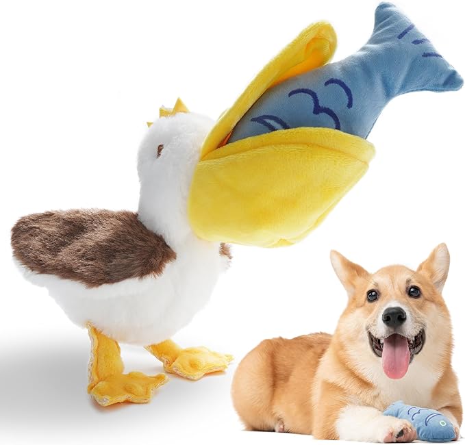 Nocciola Pelican & Fish Plush Toy for Dogs, 2 in 1 Design with Squeakers and Crinkle Paper, Mental Stimulation Puzzle Toy for Small Medium Dogs to Relieve Boredom & Anxiety