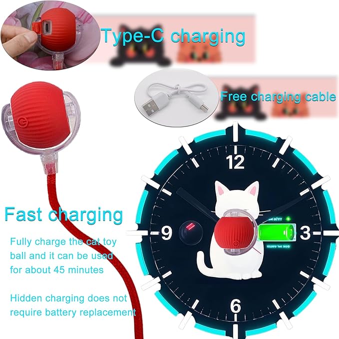 Interactive Cat Dog Toy Ball: Indoor Small Automatic Moving Smart Rolling Fun Pet Game with Led Light and String Tail for Motion Activated, Cute Kitten Puppy Present, Exercise Wheel Supplies (Red)