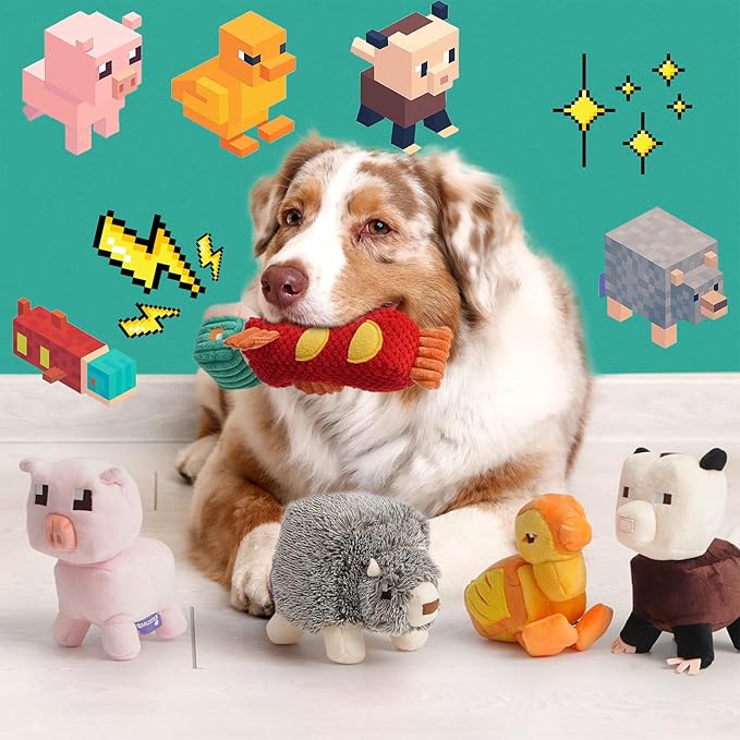 Dog Squeaky Toys 5 Pack, Square Pixel World Style Different Animals Durable Stuffed Plush Dog Toy to Keep Them Busy for Small Medium Large Dogs