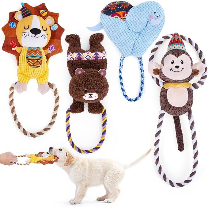 AWOOF Squeaky Dog Toys to Keep Them Busy Stuffed Dog Plush Toys for Puppy Small Medium Large Dogs Chew Toys with Rope Indoor Outdoor Puppy Toys Relieve Anxiety Birthday Gifts - 4Pack