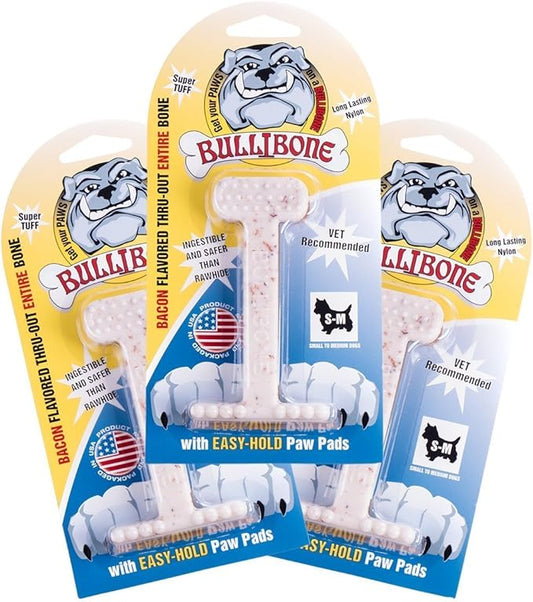 Bullibone Nylon Dog Chew Toy Nylon Bone - Improves Dental Hygiene, Easy to Grip Bottom, and Permeated with Flavor (Bacon, Small - 3 Pack)