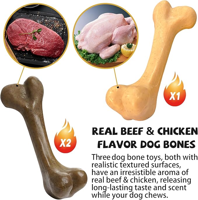 Indestructible Dog Bones for Aggressive Chewers, Durable Tough Puppy Teething Toys, Interactive Dog Toys for Medium/Large Breed, Beef & Chicken Flavor (3pcs)