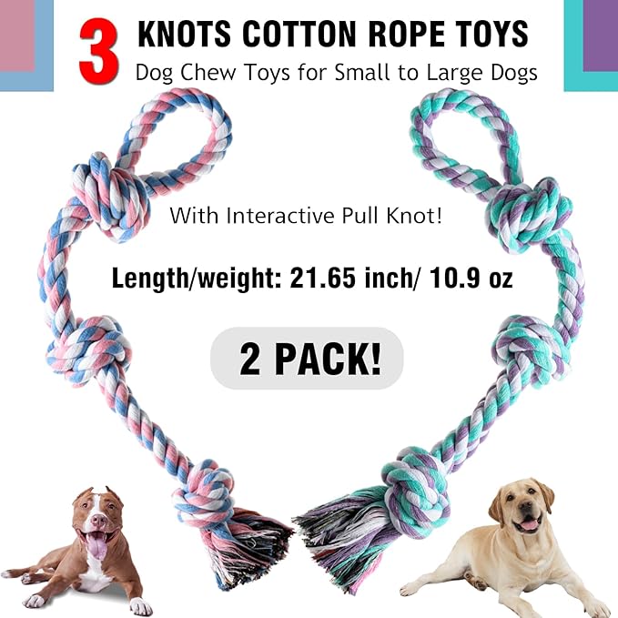 Dog Rope Toy, 2 Pcs Indestructible Dogs Toys, Dog Chew Toys for Aggressive Chewers, Tough Puppy Teething Chew Toys for Boredom, Dental Cleaning Tug of War Dog Toy, Great for Small to Large Breed