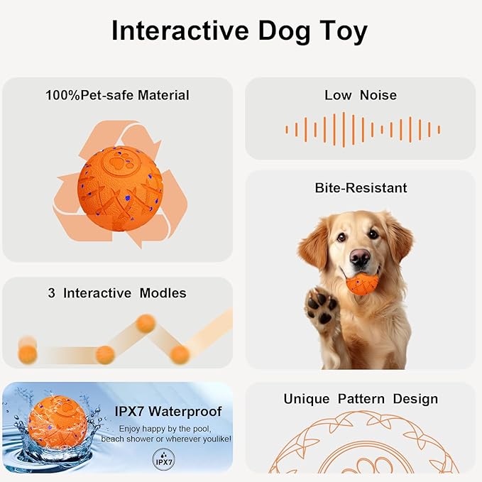 Smart Interactive Dog Toy, Automatic Moving, Bouncing and Stimulation, Silent Foam Material, IP54 Waterproof Rating, Active Rolling,Dog Ball for Medium and Large Dogs,Dog Birthday (Orange)