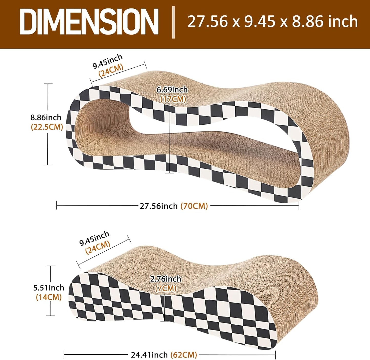 2 in 1 Cat Scratcher Cardboard Lounge Bed, Cat Scratching Post, Durable Board Pads Prevents Furniture Damage,Large,Checkerboard