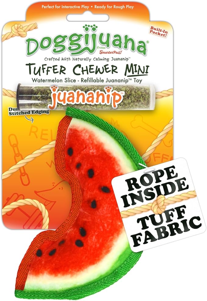 Doggijuana Tuffer Chewer Mini Plush Dog Toy | Funny Dog Toy Plush with Juananip Catnip for Dogs | Calming Aid for Dogs | Interactive Squeaky Chew Toy for Play (Watermelon Slice)
