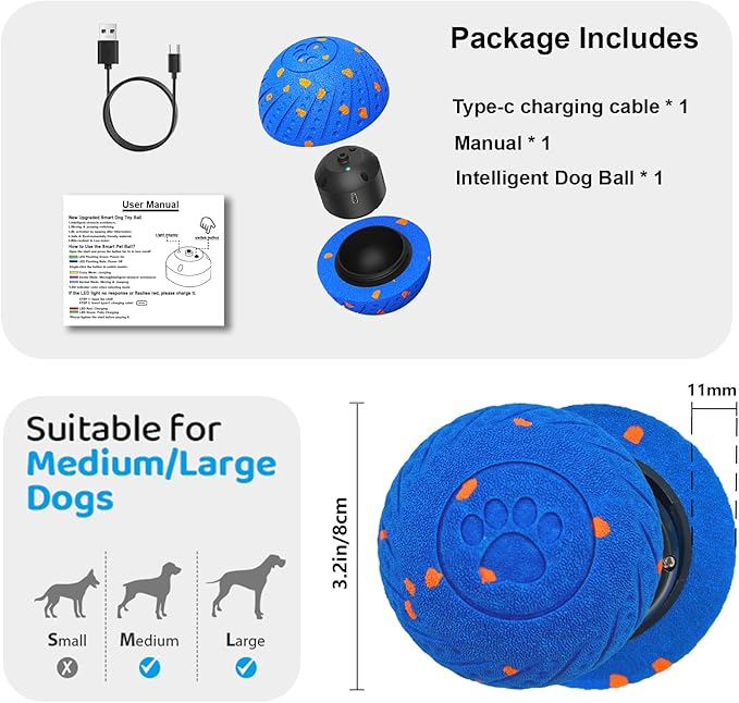 Smart Interactive Dog Ball - 3 Mode Auto-Bouncing Ball for Medium/Large Dogs, Chew Proof E-TPU, USB-C Fast Charge, IP54 Waterproof, Home-Alone Anxiety Relief Toy for Busy Pet Parents