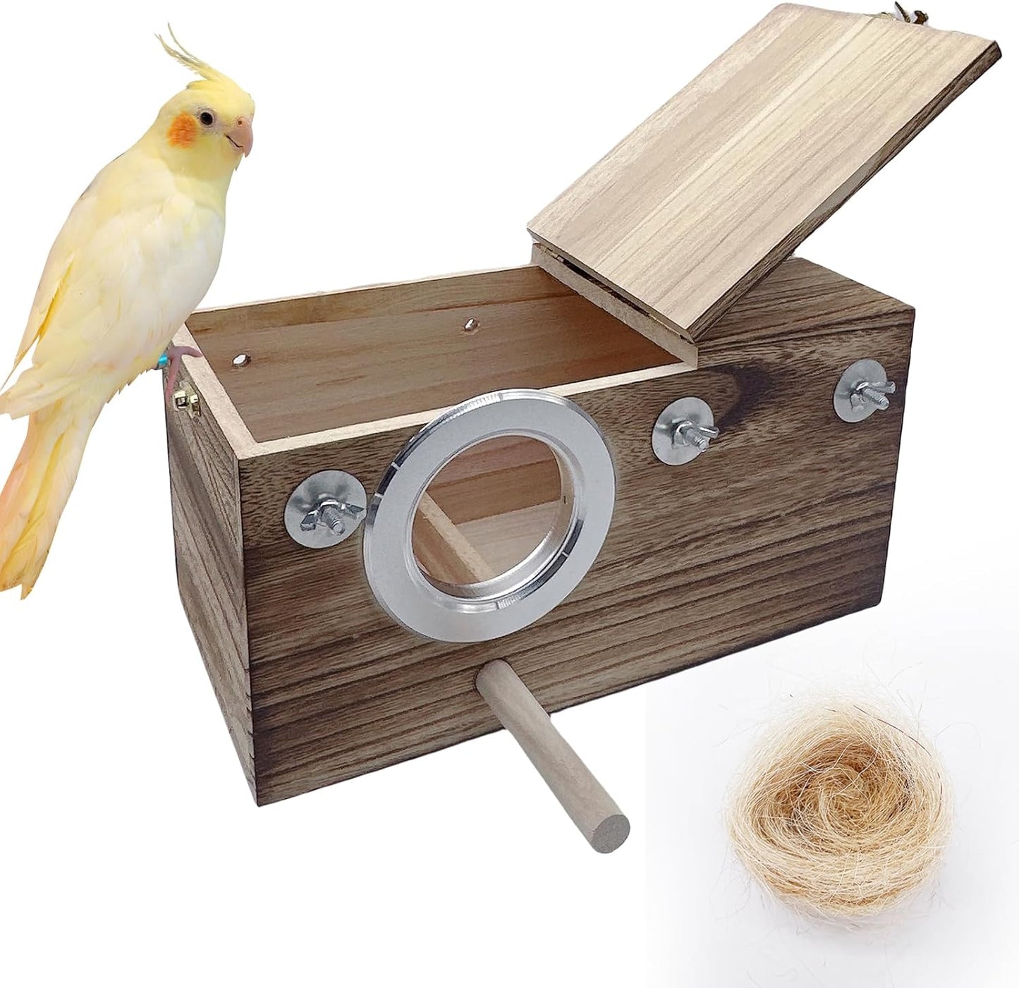 kathson Parrots Nesting Box Parakeet Nest House for Cage Budgie Breeding Hut with Coconut Fiber Bedding Wooden Bird Mating Box for Lovebirds Budgie Conure Cockatoo Cockatiel and Small Medium Parrots
