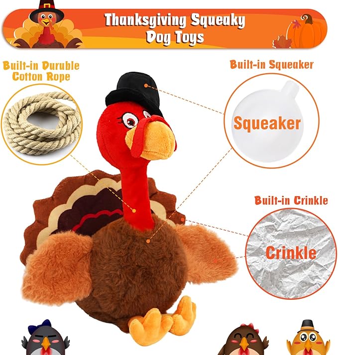 Thanksgiving Dog Toys, Turkey Squeaky Dog Toys with Cotton Rope and Crinkle, Thanksgiving Dog Gifts for Small Medium and Large Dogs