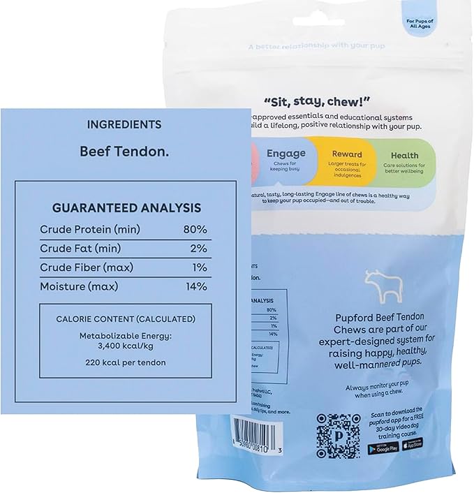 Pupford Turbo Beef Tendon Chews for Dogs & Puppies, All-Natural Dog Chew with Glucosamine for Joint Health, Long-Lasting Toy, Great for Teething (5 Count)