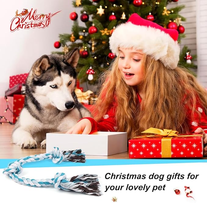 SZEE Dog Rope Toys, 24 in 3 Knots Chew Rope for Medium and Large Dogs, Natural Cotton Pet Pull Toy for Tug of War and Teeth Cleaning (Blue)