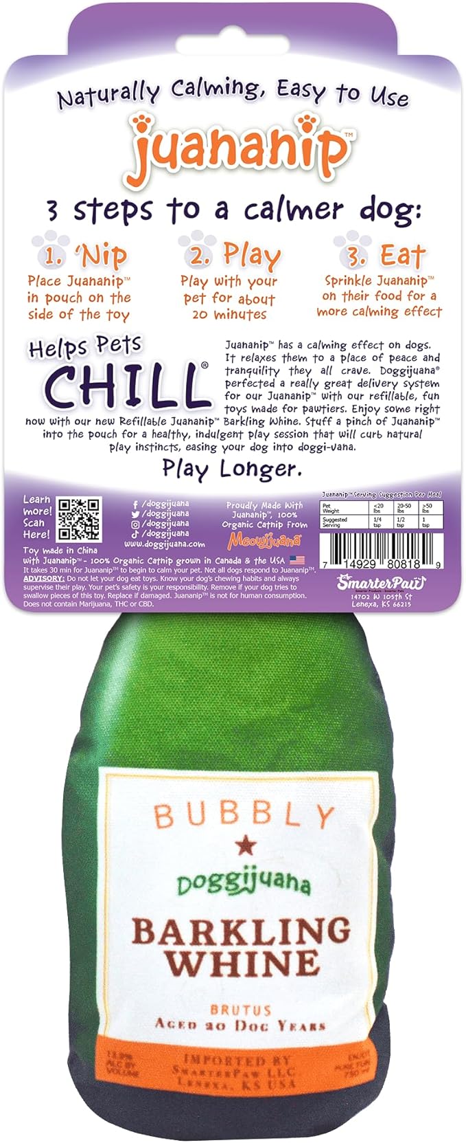 Doggijuana Refillable Juananip Toy Bundle | Barkling Whine Bundle | Funny Dog Toy Plush with Catnip and Refill | Calming Aid for Dogs | Interactive Chew Toy for Play