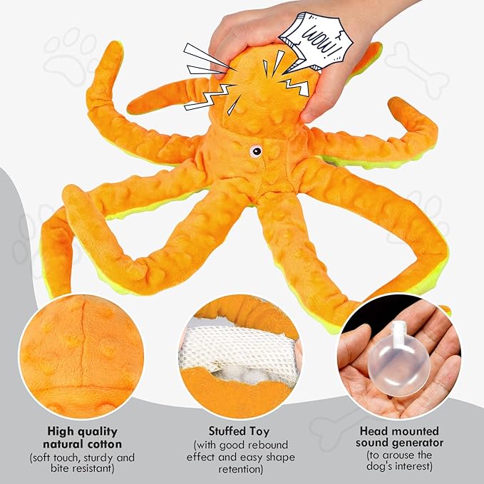 2 Pack Octopus Squesky Dog Toys for Large Medium Small Dogs, Stuffed and Tough Plush Dog Toys for Aggressive Chewers (Blue+Yellow)
