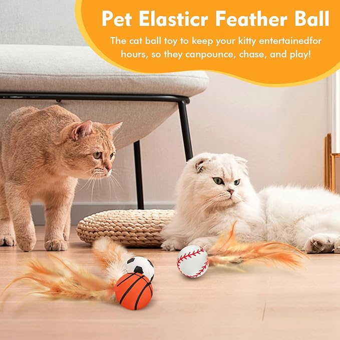 6 Pack Interactive Cat Ball Toys,Bouncy Ball with Natural Feathers for Indoor Cats and Kittens,Elastic Cat Toy Balls for Cats Playing Exercise