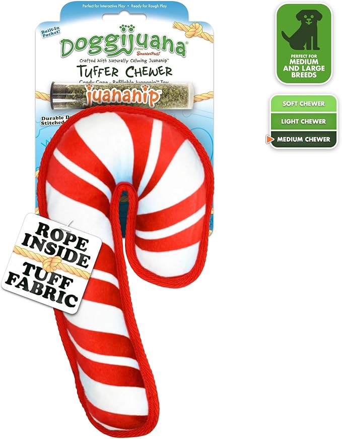 Doggijuana Tuffer Chewer Plush Dog Toy | Funny Dog Toy Plush with Juananip Catnip for Dogs | Calming Aid for Dogs | Interactive Squeaky Chew Toy for Play (Candy Cane)